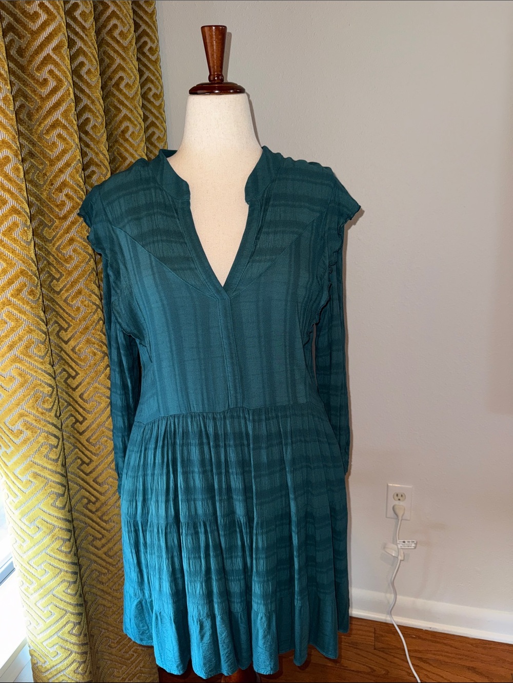 Teal Long-Sleeve V-Neck Tunic Dress